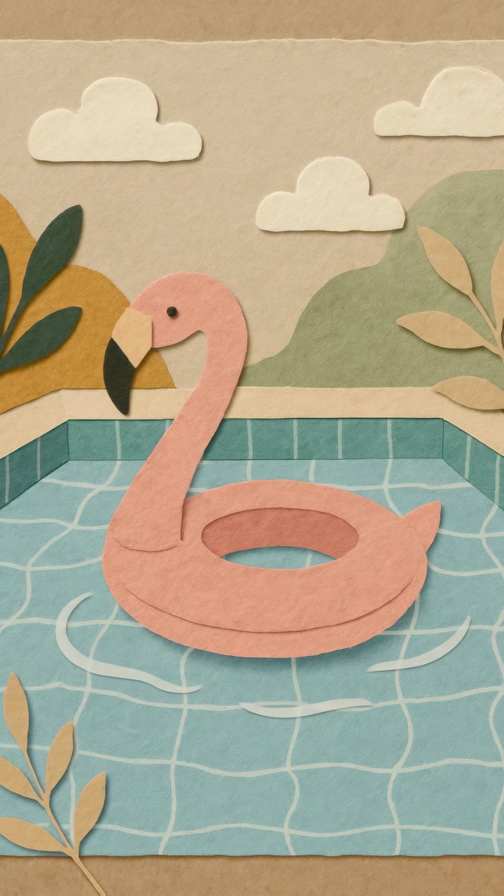 Animated Paper Cut Flamingo Pool Float in a Summer Swimming Pool