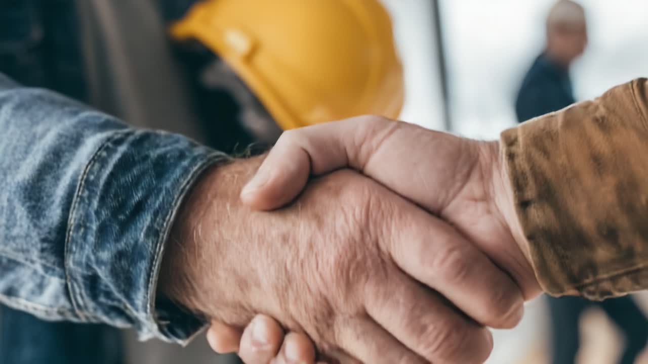 Et solidt partnerskab: To hænder, der trykker hinanden i enighed, illustrerer tillid, samarbejde og sammenhold i professionelle relationer mod en baggrund af industri og byggeri
