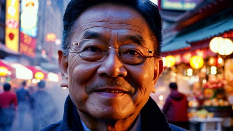 senior man smiling subtly against the backdrop of a bustling night market filled with vibrant street food and culture