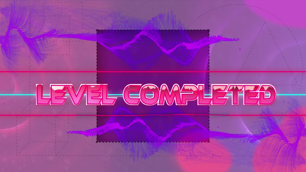 Animazione del testo 'livello completato' su forme.