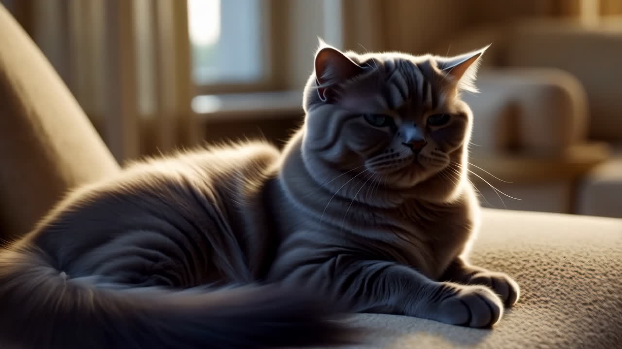 A gray cat sitting on a couch