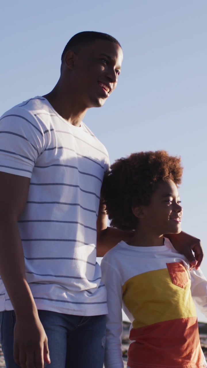 Animazione di cuori sopra un padre e figlio afroamericani in piedi sulla spiaggia al tramonto