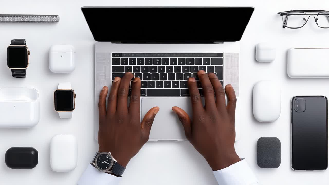 Close-up of Hands Typing on a Laptop Surrounded by Modern Tech Gadgets Including Smartwatches, AirPods, and Smartphone on a Minimalist Desk Setup