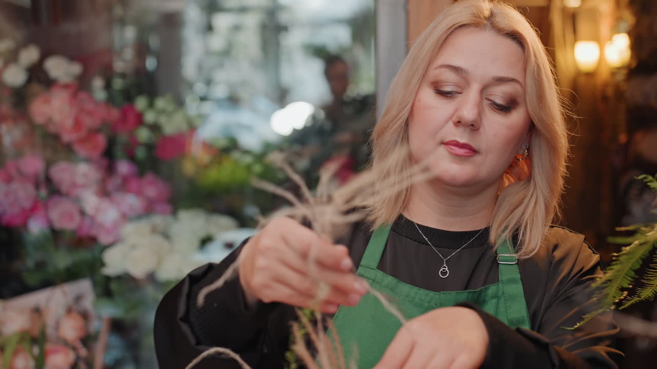 Fiorista caucasica che sistema un bouquet rosa in un negozio accogliente, mani concentrate tagliano steli e danno forma all'arrangiamento, cesto di vimini pieno di rose, illuminazione soffusa e calda, fogliame verde, artigiana con grembiule al lavoro.