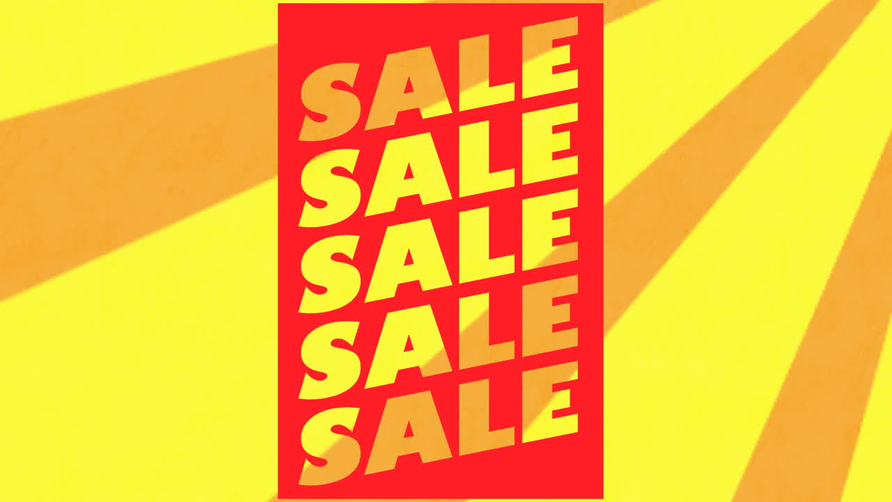 파란색과 빨간색 방사선에 대한 판매 텍스트 배너의 애니메이션이 끊임없는 패턴으로 회전합니다.