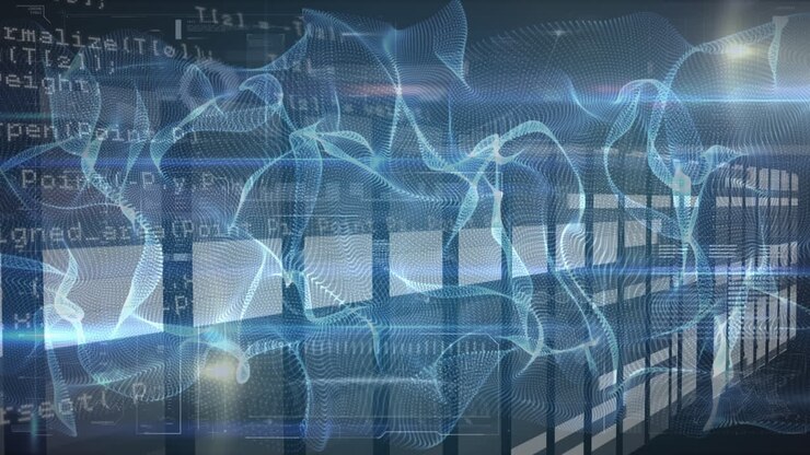 Animation of data processing with shapes over white lines
