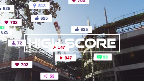 Animation-of-high-score-text-and-numbers-growing-over-cityscape