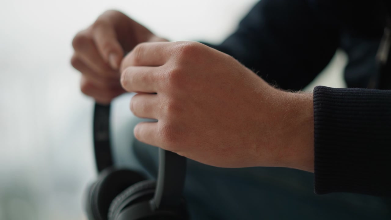 Primo piano di mani che tengono e regolano cuffie nere over-ear. Le mani manipolano l'archetto mostrando l'interazione con il dispositivo audio. La luce soffusa evidenzia i dettagli della texture sullo sfondo.