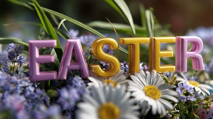 Easter letters rest among daisies and purple blooms. Bright pastel tones glow against soft-focus garden backdrop. Spring blossoms frame the word with gentle, festive charm