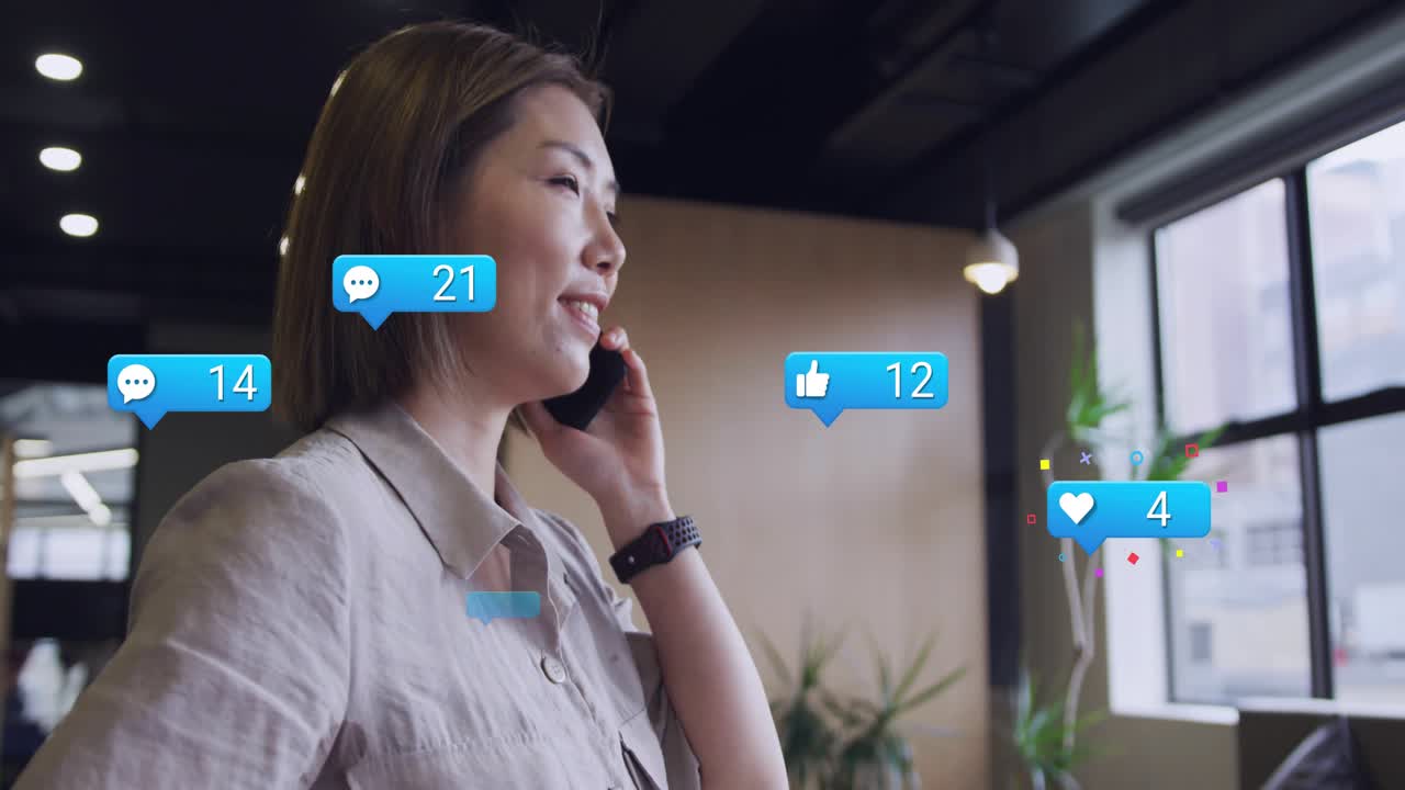 Office pro speaking on phone call causing social bubbles growing around and showing engagement up