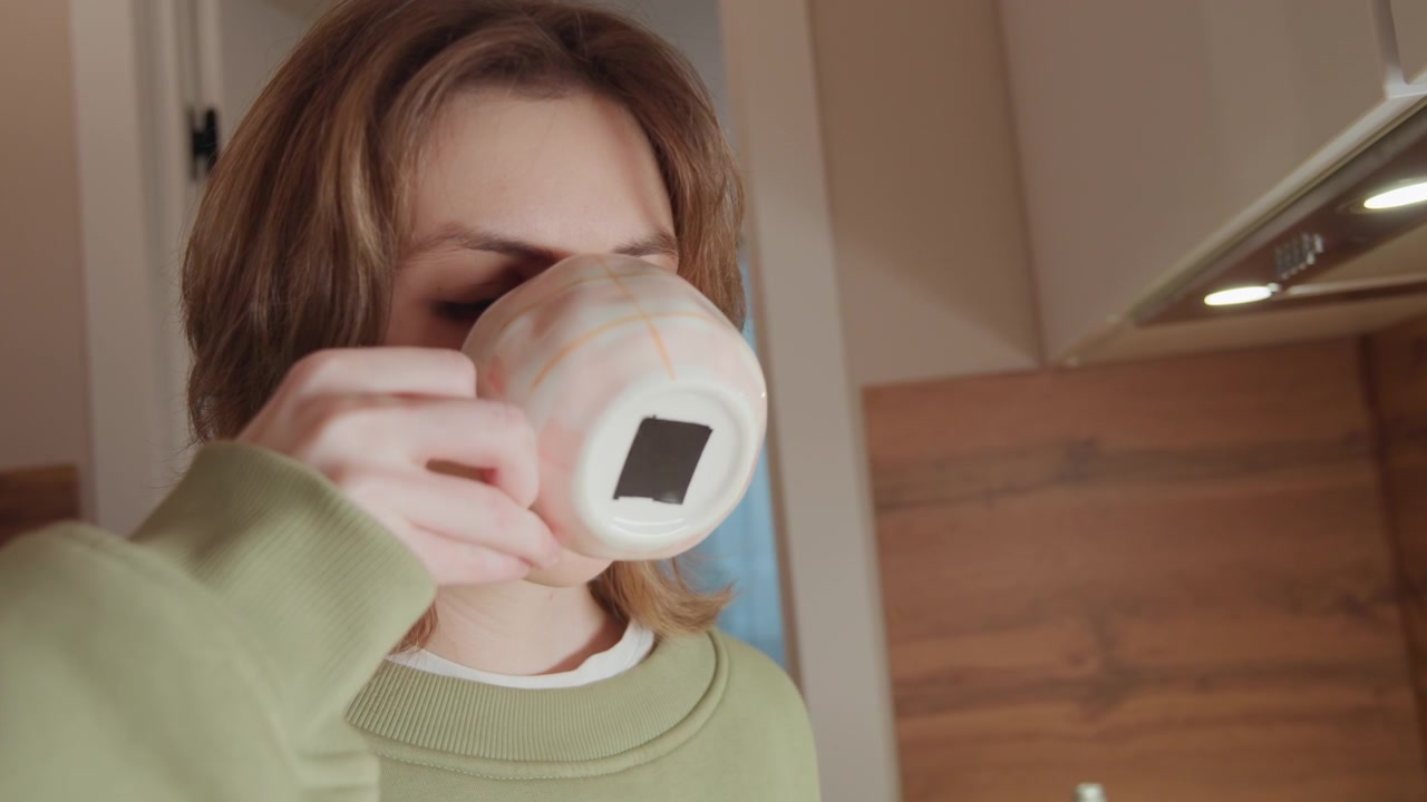 Primo piano, vista dal petto in su, di una giovane donna con un maglione verde che sorseggia da una tazza di ceramica, con gli occhi chiusi, espressione facciale rilassata, mano e polso sollevati, e una morbida luce mattutina interna in una cucina accogliente.