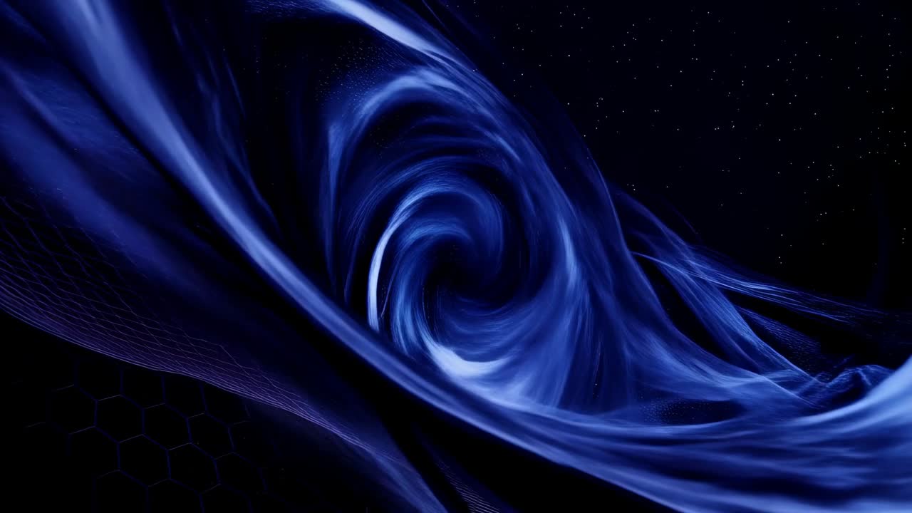 Lilla sekskantet mesh, der buler ud og snor sig, mens tynd blå strømning bevæger sig i et kosmisk stjernefelt og danner en vortex