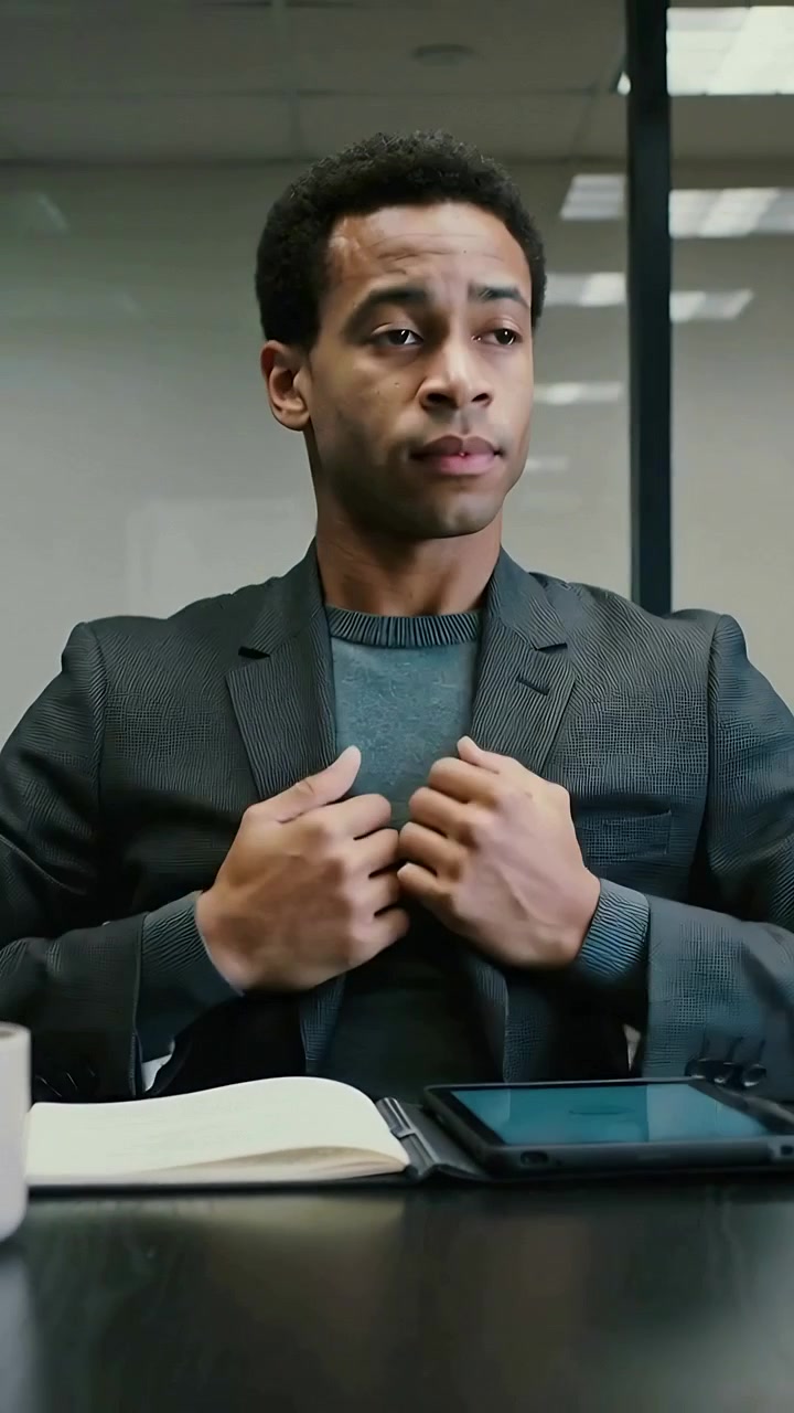 Vertical video: Tapping tablet with folio, man in blazer, sweater fixing jacket at office to meet