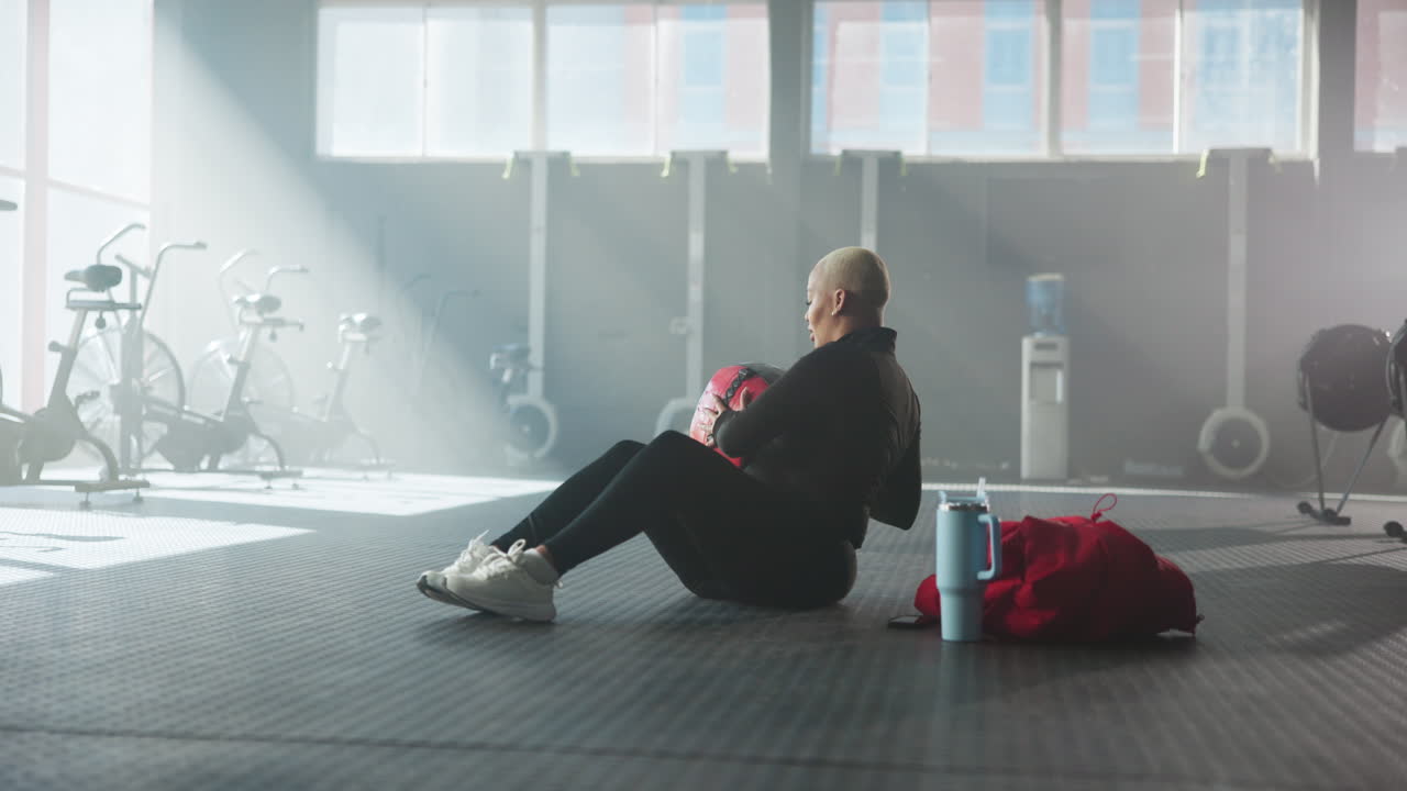 Woman Exercising with Medicine Ball at the Gym
