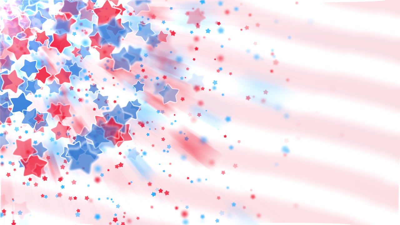 Looped background with white and red stripes. Cartoon animation of red and blue stars associated with the American flag.