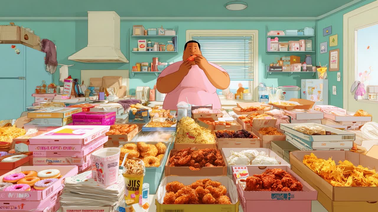 A vibrant and colorful scene depicting a character surrounded by an array of delicious foods including donuts, fried chicken, and pastries, illustrating indulgence and joy in every bite