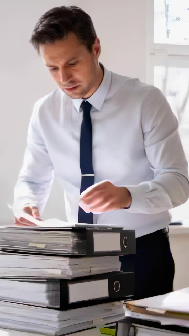 Vertical video: Sorting man in shirt and tie reviewing papers from binders at desk by window