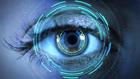 cyberspace source codes animation of scope scanning and globe of network of connections eye inside