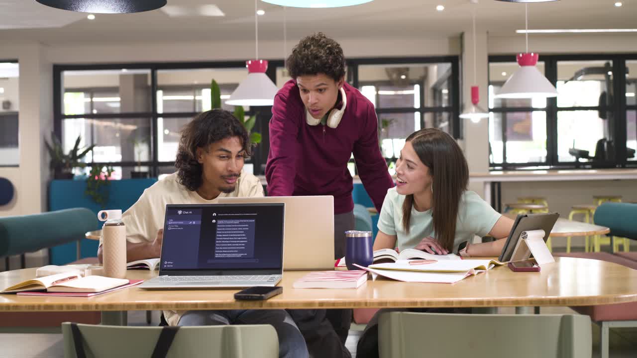 African American students leaning in as peer approaching, pointing at laptops at campus, working