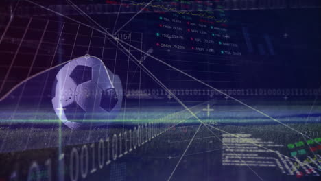 animation of soccer ball with digital data and binary code on field background