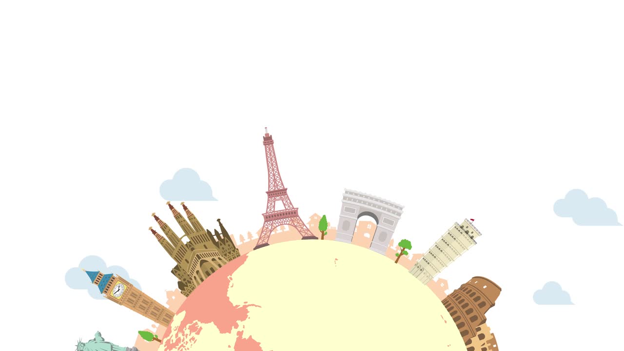 Reisen, Urlaub, Sightseeing Animationsbanner (4K). Weltkulturerbe und weltberühmte Gebäude. Version ohne Text.