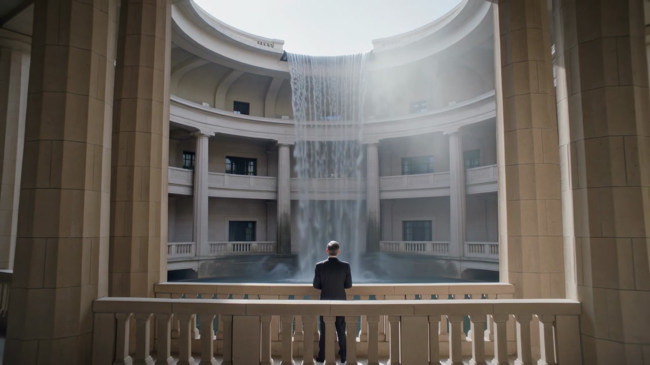 Gazing man in dark suit contemplating falling water at stone balustrade, camera pulling back
