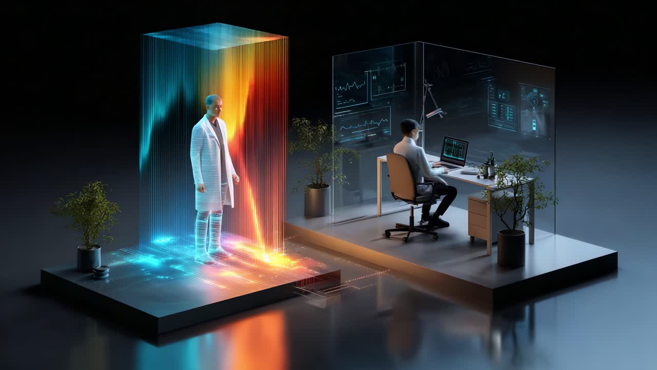 Futuristic Healthcare Technology: A Doctor and Virtual Patient Interaction in an Advanced Medical Environment, Showcasing Data Visualization and Modern Treatment Techniques