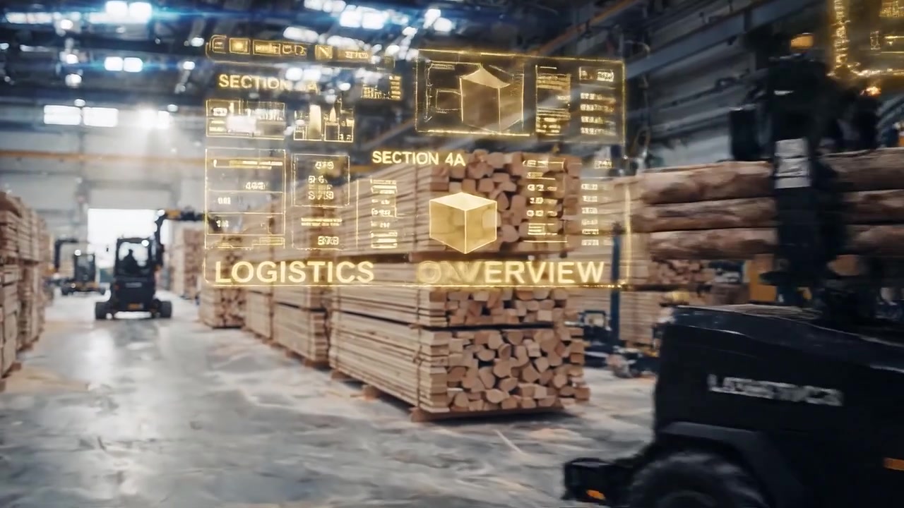 Logistica intelligente: Carrello elevatore che sposta tronchi in un moderno impianto di lavorazione del legno