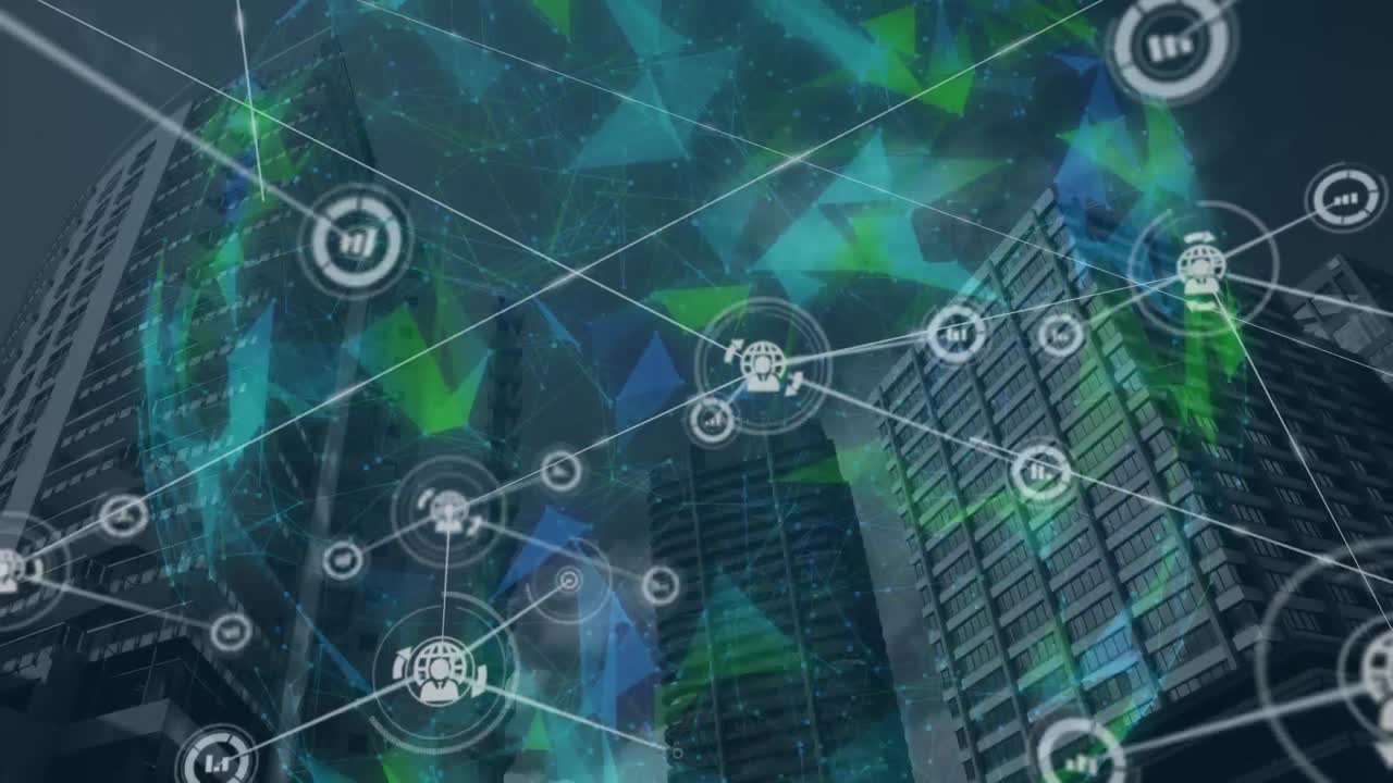 Animation of network of connections with icons over cityscape