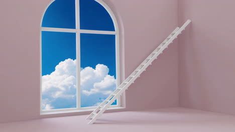 ladder leaning against a pink wall towards an arched window with blue sky and clouds