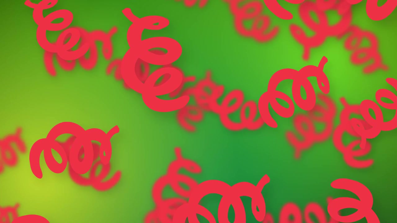 Abstract red 3D spirals fall continuously against a soft green gradient mesh background.