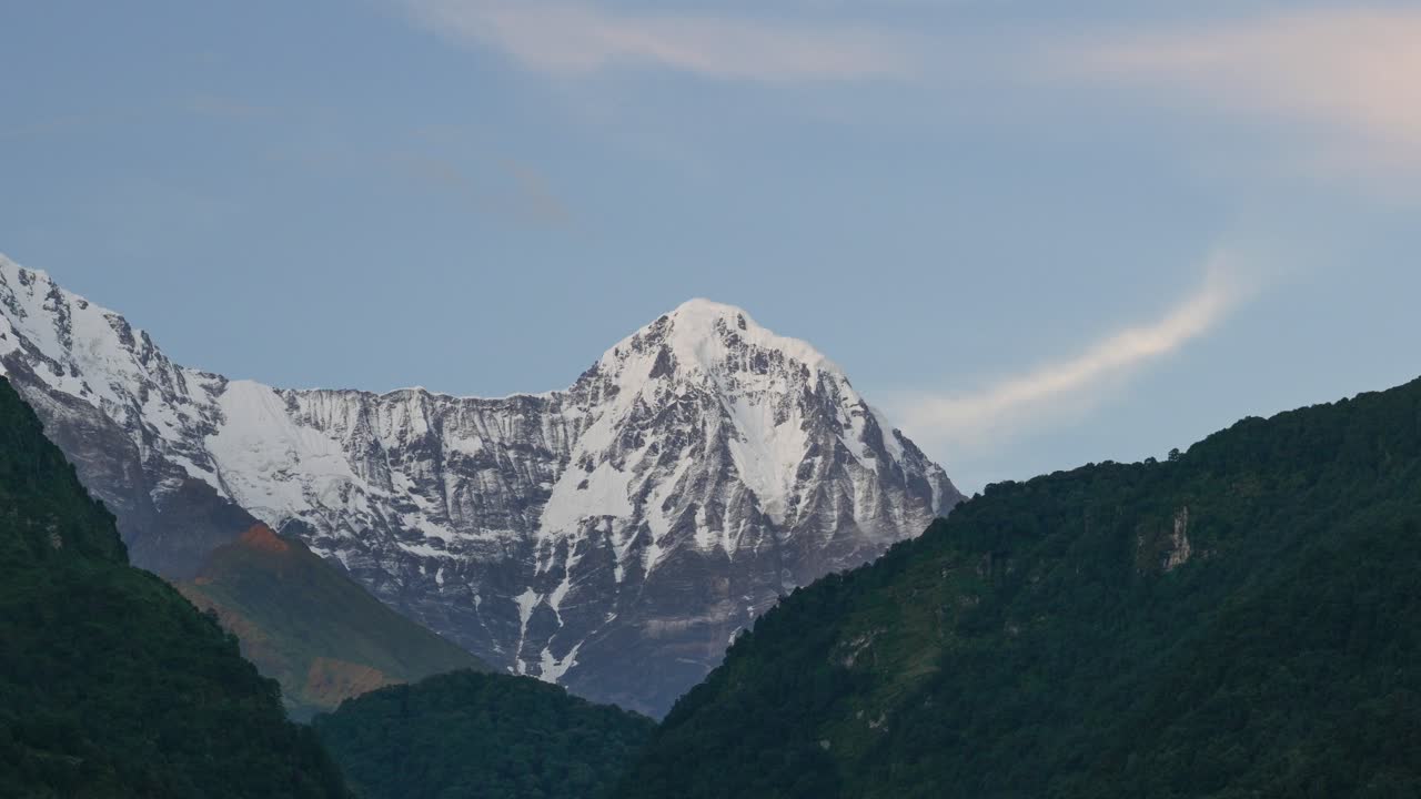 Snowy Mountain Time Lapse Day to Night, Nepal Timelapse in Himalayas Mountains Light to Dark with Beautiful Dramatic Annapurna Landscape Scenery, Background with Copy Space