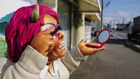 mountain women "yama-uba" yokai creature fixing makeup at bus stop in fukusaki