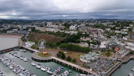 Boat-Harbour-on-Coast-of-Resort-Town-of-Torquay,-Devon,-England---Aerial