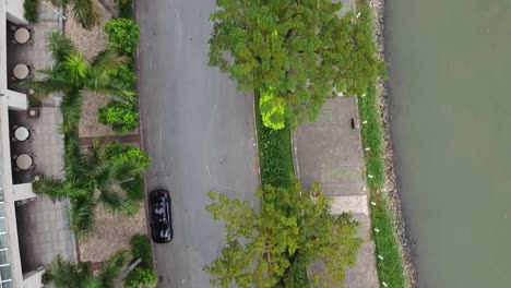 Bird's-eye-view-above-dog-running-on-river-path-behind-owner,-vietnam