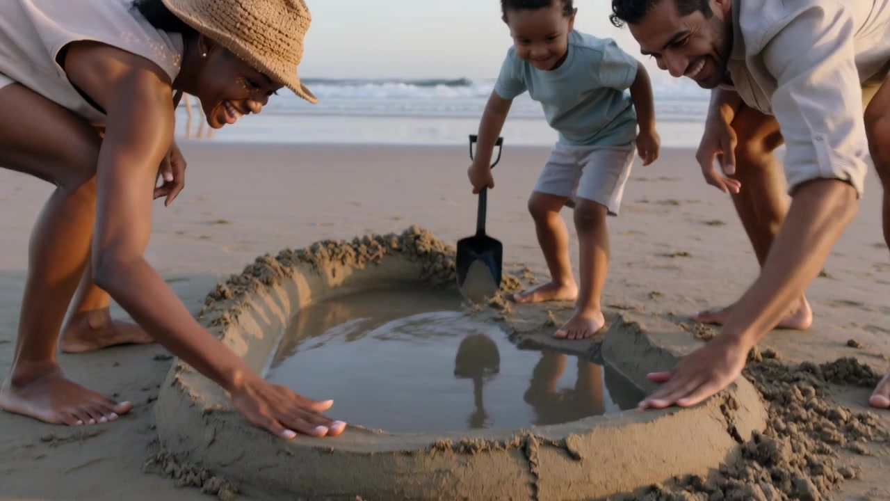 En familj formar en sandring på stranden, ett barn gräver med en svart spade och fyller en pool för lek.