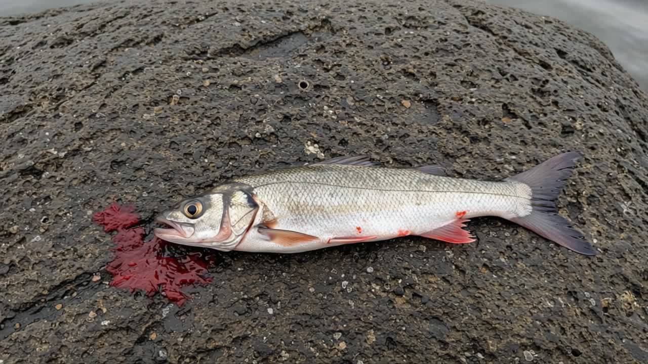 A recently caught fish resting on a rocky surface, showcasing vivid details of its body and the surrounding environment, emphasizing the natural beauty and raw elements of fishing
