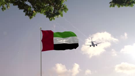 united arab emirates flag with airplane and city -3d rendering