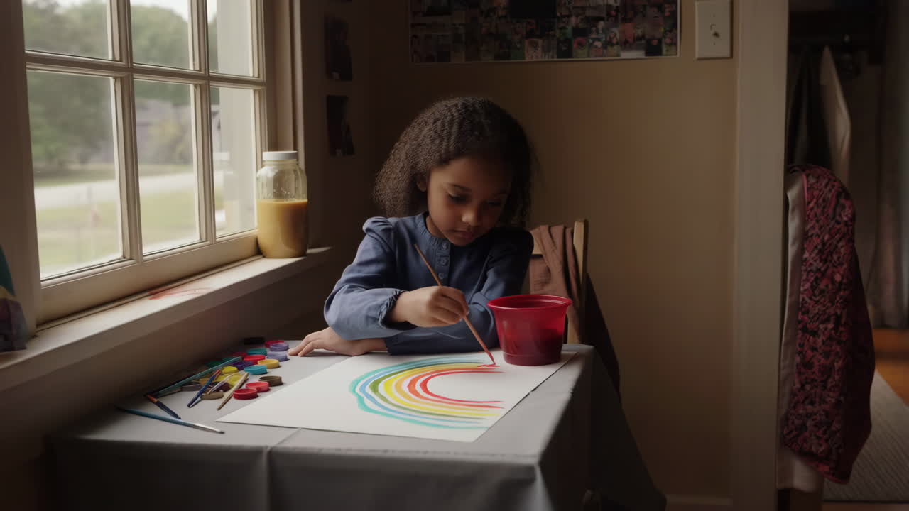 Uma Jovem Garota Pintando um Arco-Íris à Janela