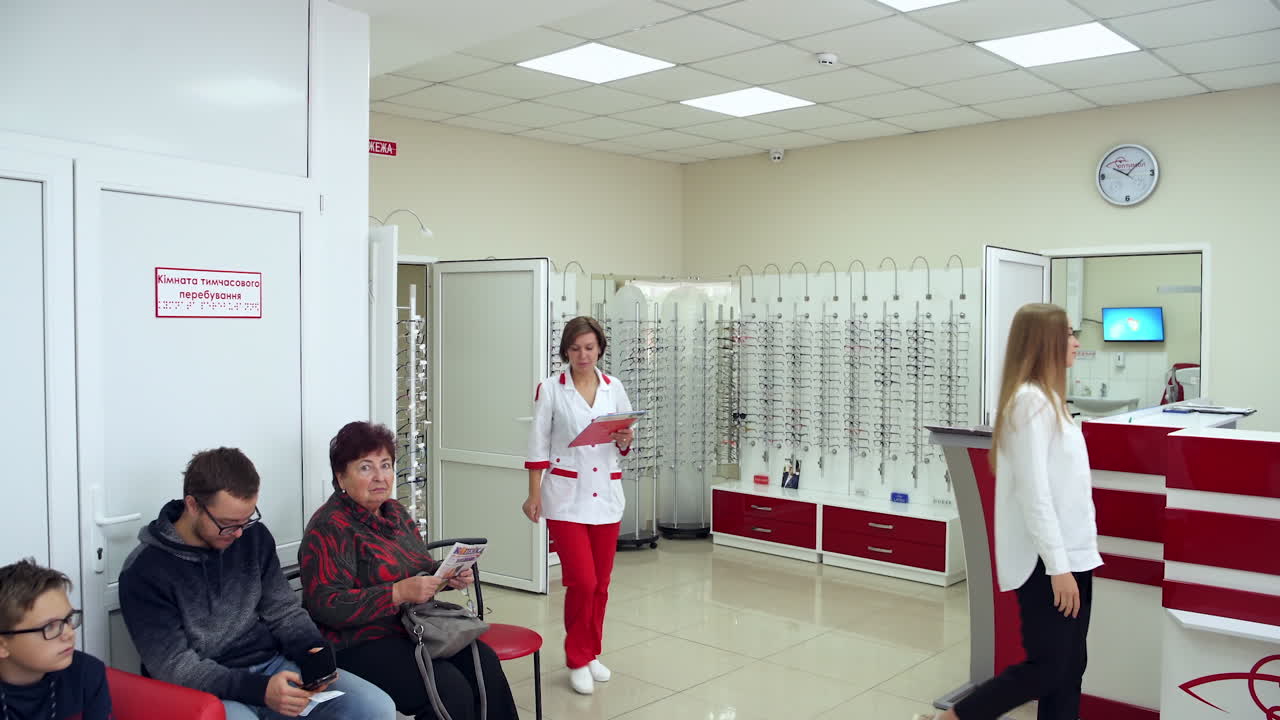 Ophthalmology At Hospital Office. People characters sitting on chairs and waiting appointment time in medical hospital