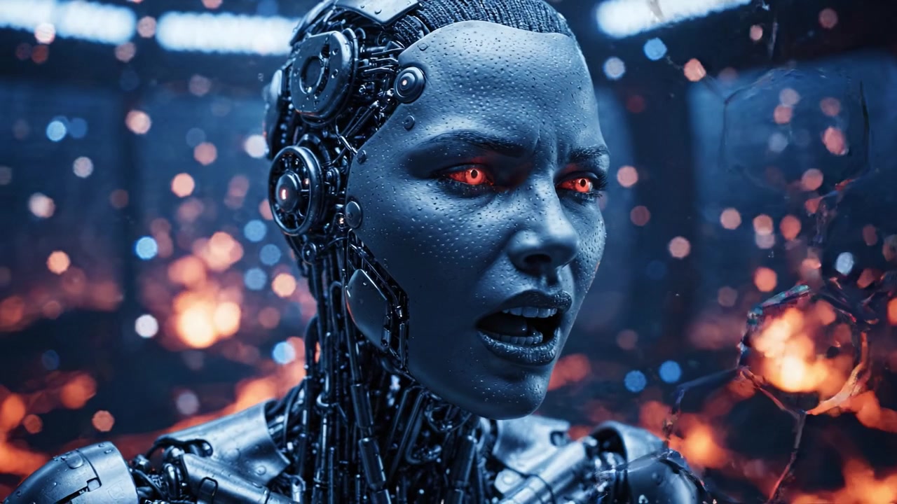 A futuristic robotic figure with glowing red eyes expresses emotion in a high-tech environment, showcasing advanced technology and intricate design in both frames