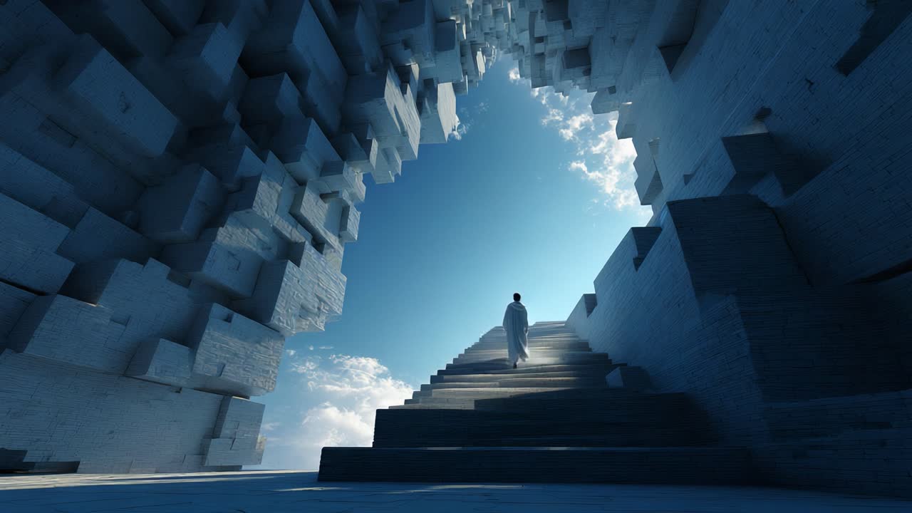 A solitary figure ascends a staircase made from blue blocks, framed by a surreal archway leading to a bright, expansive sky, symbolizing journey and enlightenment