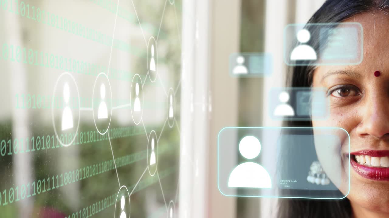 Mature woman near glass opening eyes as binary lines appearing and chat bubbles forming tech UI