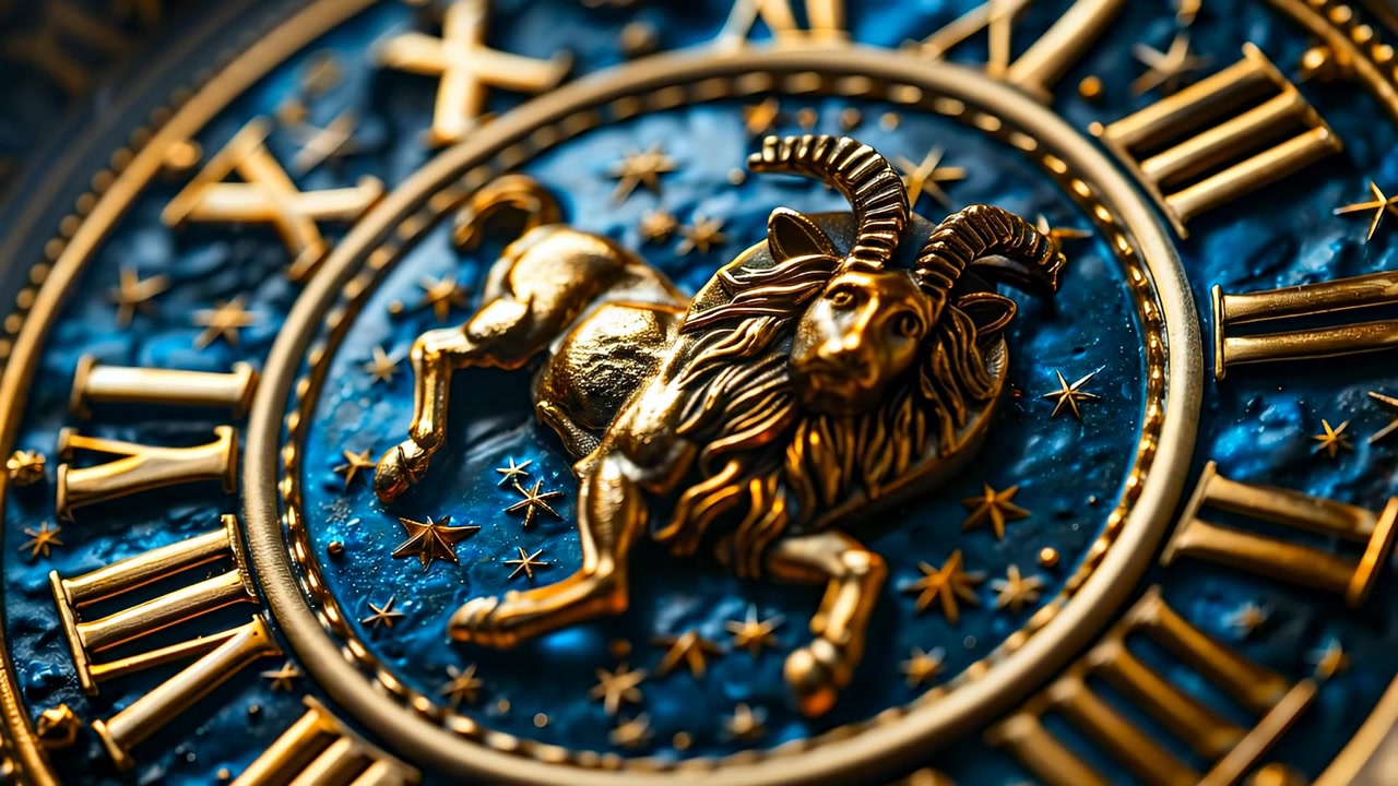 Gyldent stenbuk stjernetegn på blå astrologisk urskive. Nærbillede af guldmetal stenbuk-symbol på blå tekstureret kosmisk urskive med romertal og stjerner.