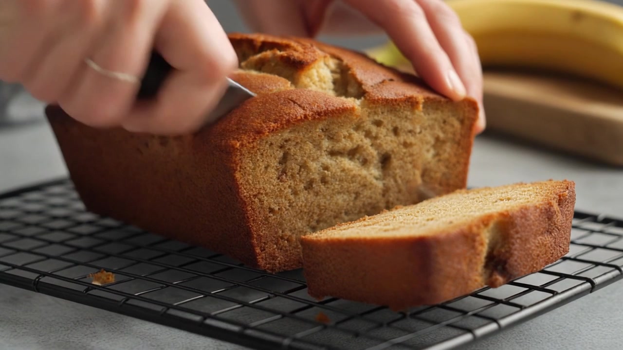 Person Slicing Freshly Baked Banana Bread on a Cooling Rack