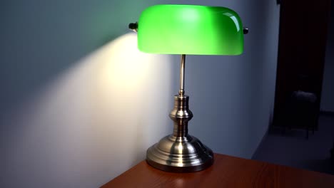 close up view, green reading lamp, library theme