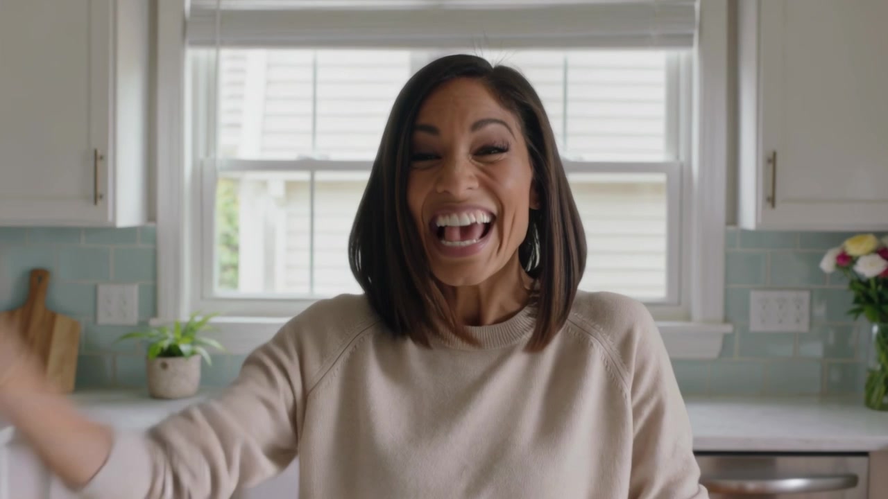 Laughing woman in tan sweater reaching camera while friend in denim jacket talking in kitchen