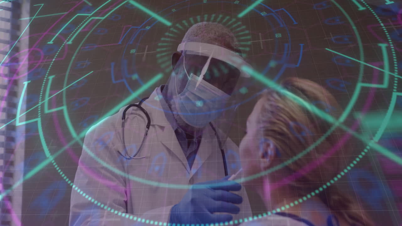Examining patient, doctor using digital interface with animation of medical data