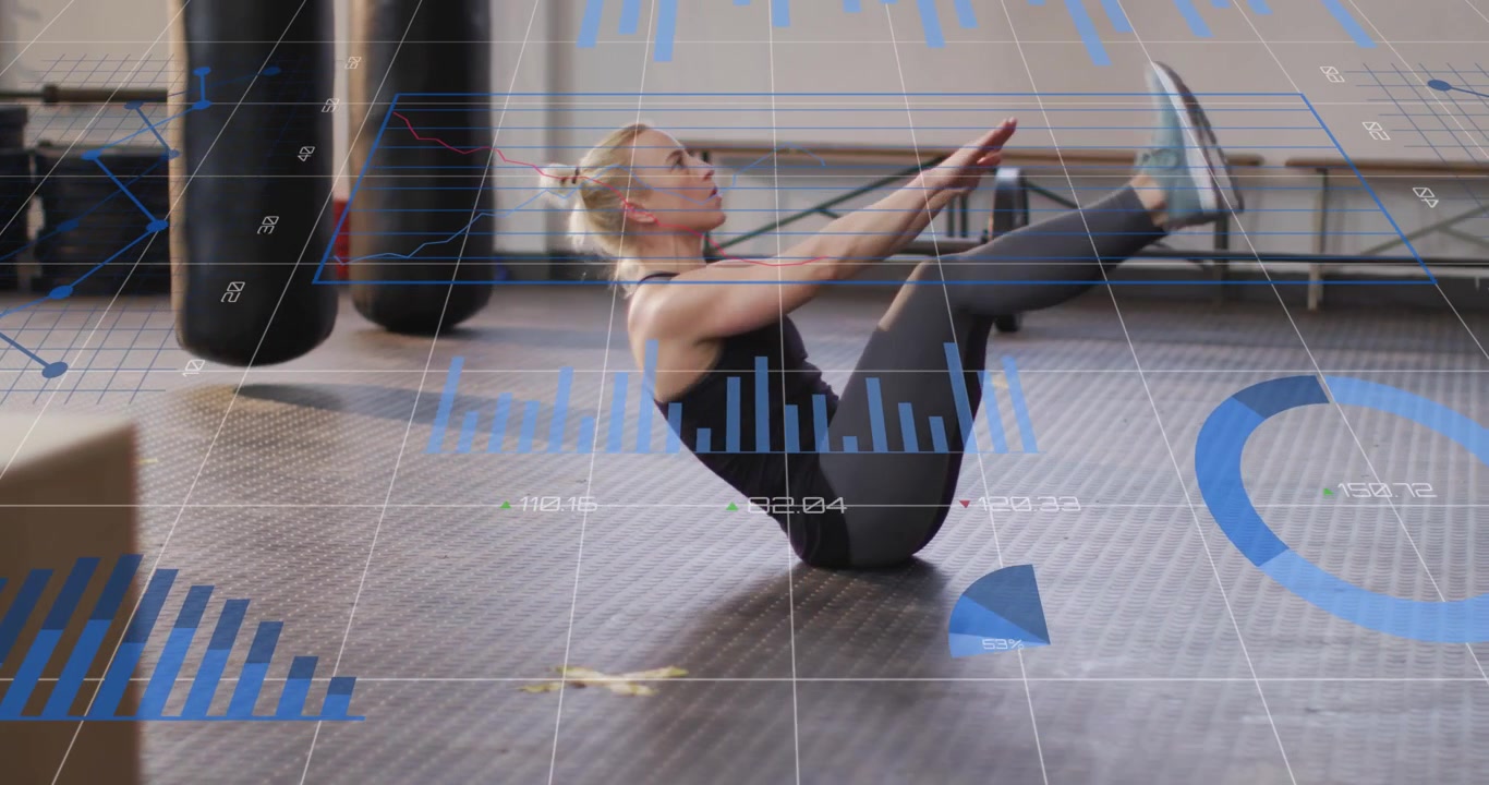 Woman lifting arms and legs, initiating V-up while blue HUD overlays updating fitness metrics