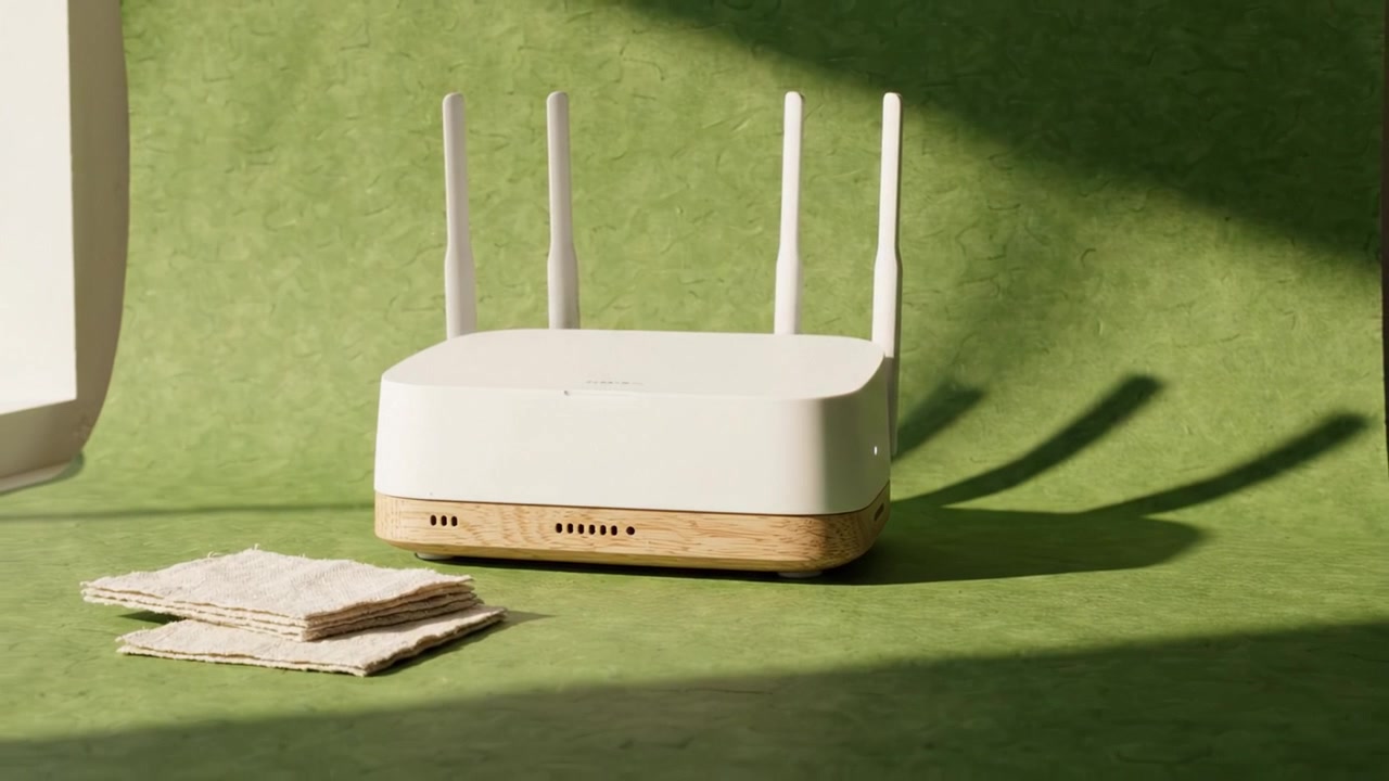 Modern Wi-Fi Router with Wooden Base and Multiple Antennas on a Green Surface, Surrounded by Textured Fabrics and Soft Shadows in a Bright Environment